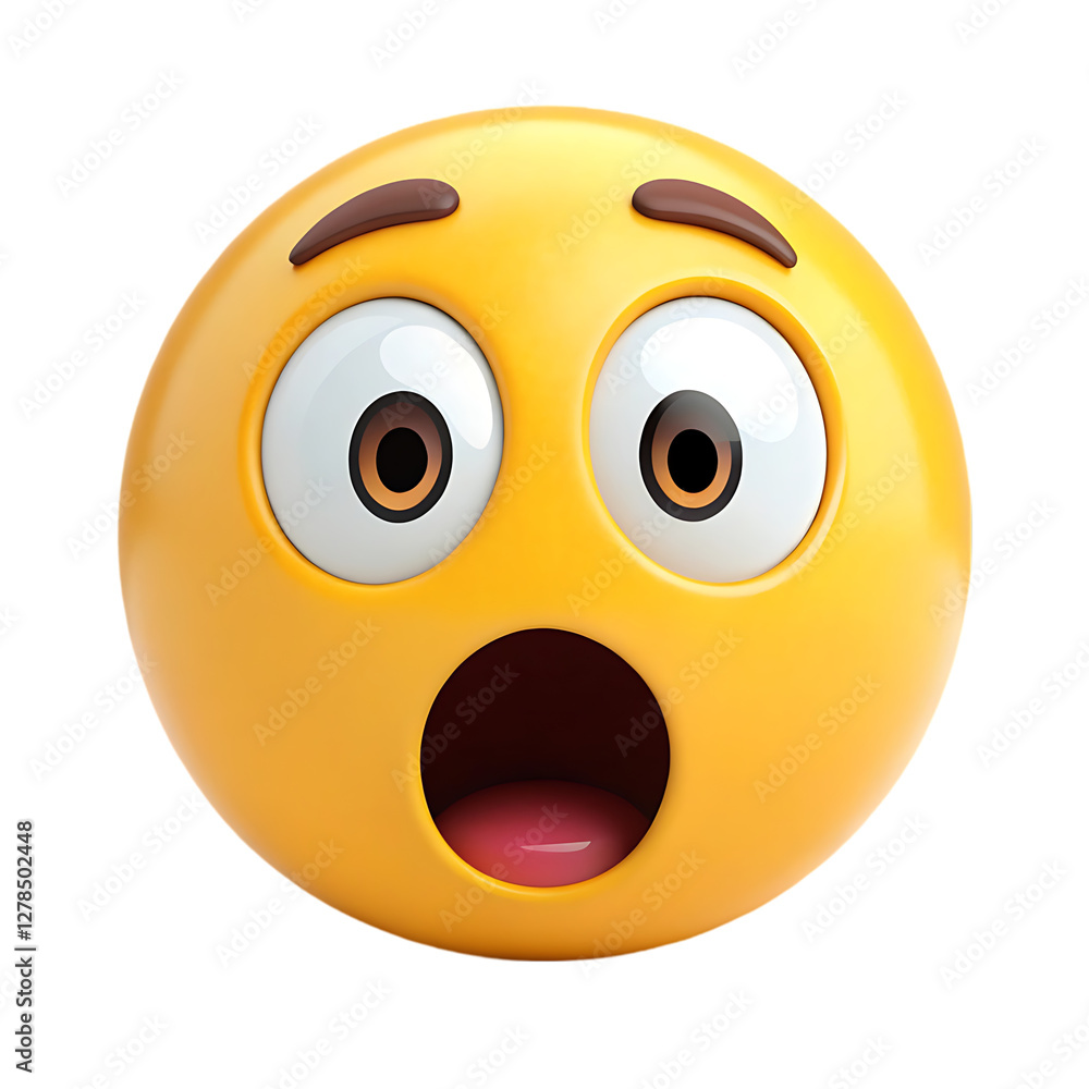 Obraz premium A really high quality 3d surprise yellow face emoji illustration isolated on white background. A yellow surprised emoji with open mouth and big open eyes illustration on white. The most used for 