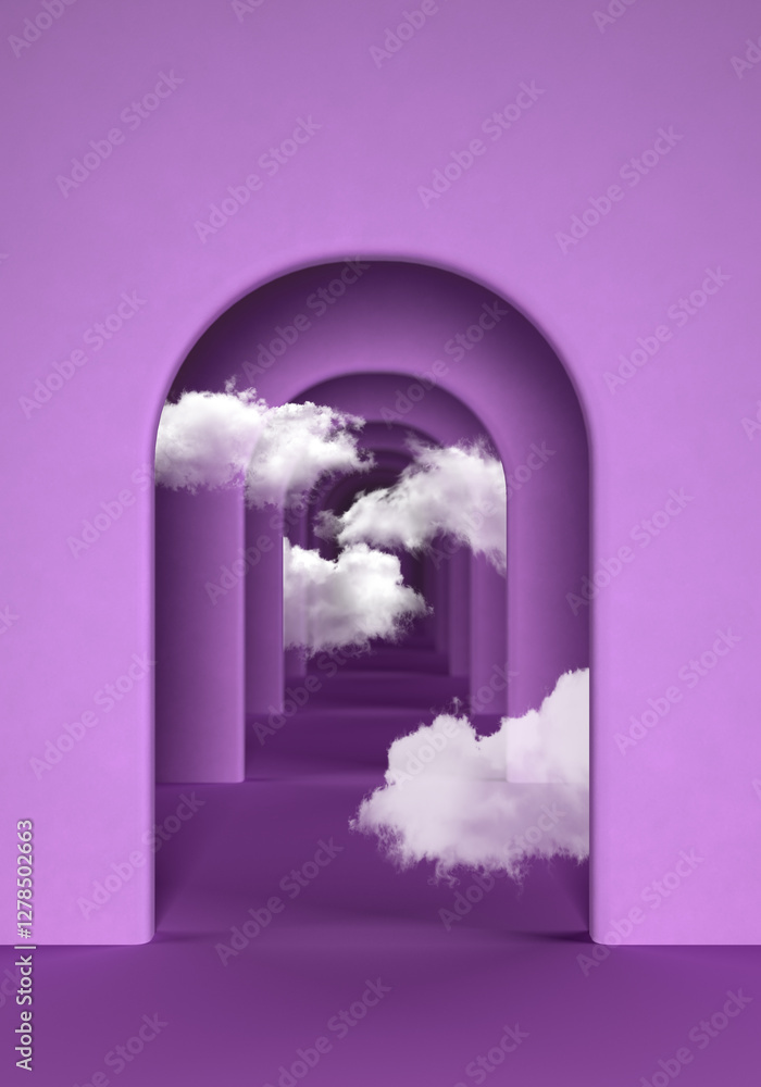 Surreal Violet Archway with Floating Clouds 3d render
