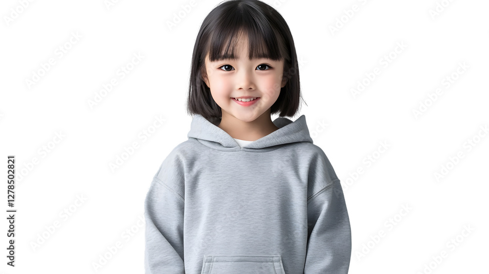 Portrait of a happy beautiful korean kid girl, with short haired bang style, wearing a gray hoodie sweater and jeans, front view, mockup concept Portrait of a happy beautiful korean kid girl, with short haired bang style, wearing a gray hoodie sweater and jeans, front view, mockup concept