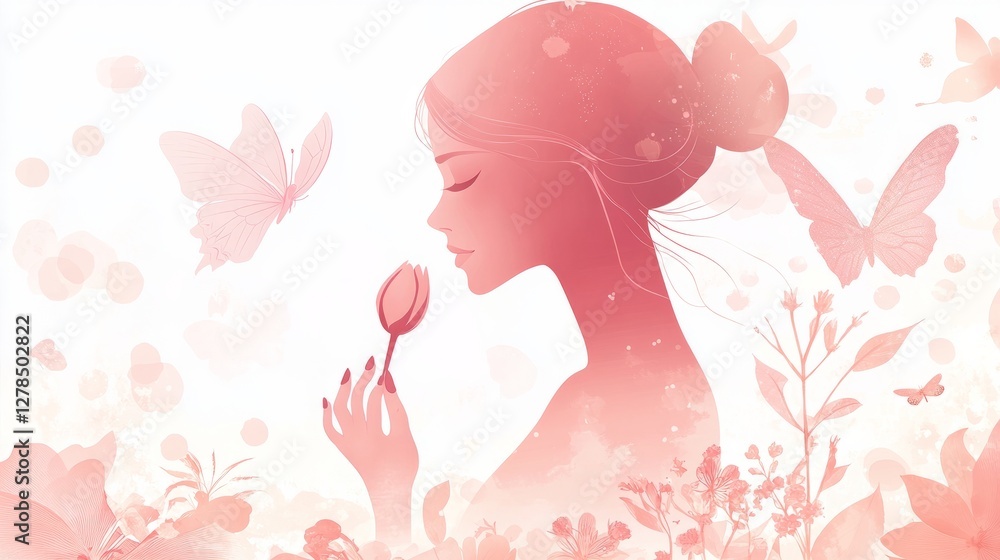 A silhouette of a woman gently holds a delicate flower amidst a backdrop of floating butterflies and floral elements. The pink-hued scene conveys femininity, tenderness, and dreamy elegance.