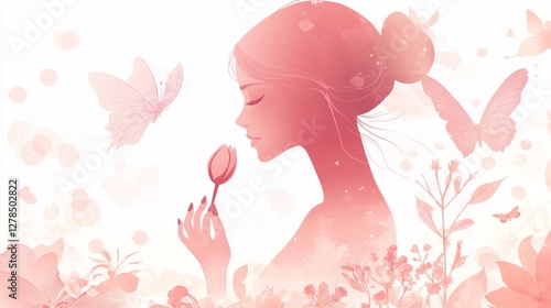 Obraz na płótnie A silhouette of a woman gently holds a delicate flower amidst a backdrop of floating butterflies and floral elements. The pink-hued scene conveys femininity, tenderness, and dreamy elegance. w salonie