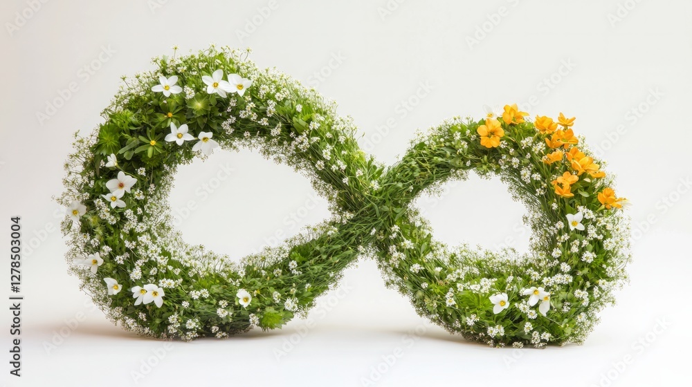 An eight or infinity-shaped floral piece is formed with lush green foliage and dotted with white flowers. A bold cluster of orange blooms introduces contrast, inspiring thoughts of eternity