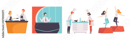 Tv Show with People Character Participate in Program Vector Set