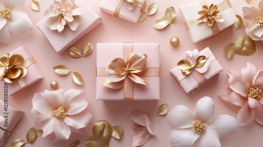 A collection of pastel pink gift boxes adorned with elegant white flowers and golden decorations. The delicate arrangement radiates luxury, celebration, and feminine charm, evoking feelings of joy.