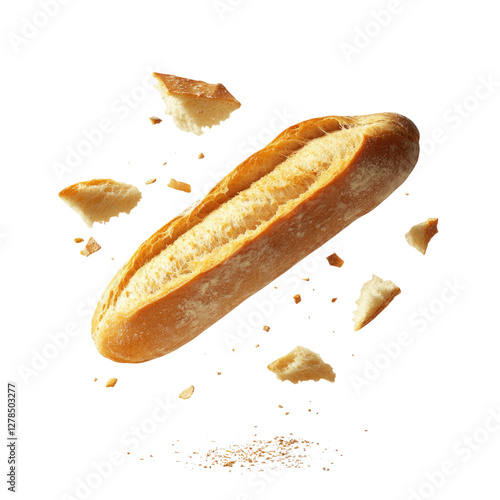 A single baguette bread floating in the air with some small pieces of broken white bread, realistic photograph on an isolated background, photo