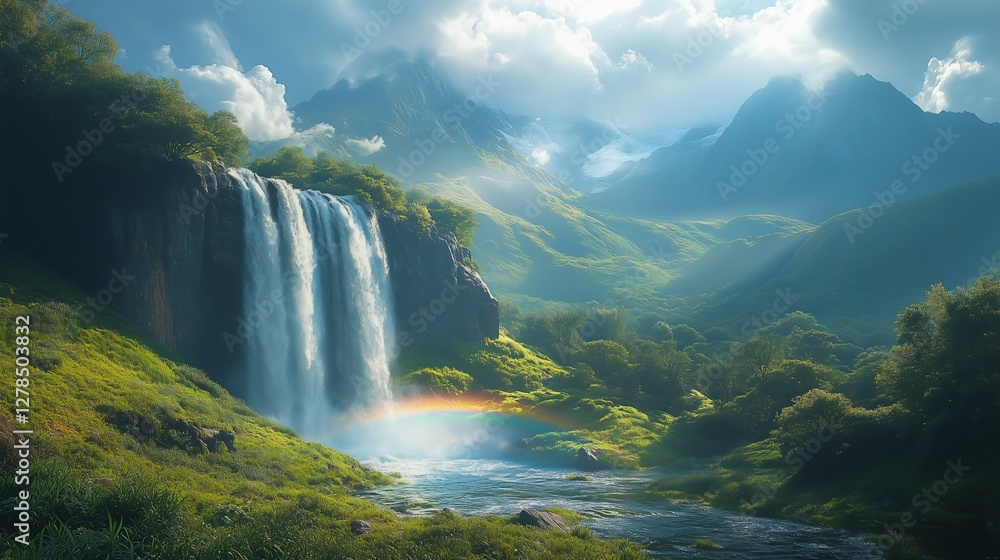 Fototapeta premium A lush green landscape with a waterfall and a rainbow in the sky