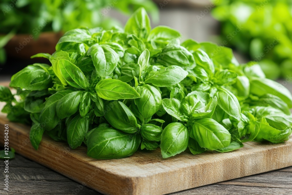 A bunch of parsley and basil are finely chopped on a wooden cutting board, releasing their fresh aroma. A bunch of parsley and basil are finely chopped on a wooden cutting board, releasing their fresh aroma.
