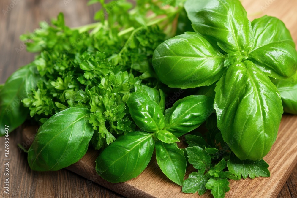 A bunch of parsley and basil are finely chopped on a wooden cutting board, releasing their fresh aroma. A bunch of parsley and basil are finely chopped on a wooden cutting board, releasing their fresh aroma.
