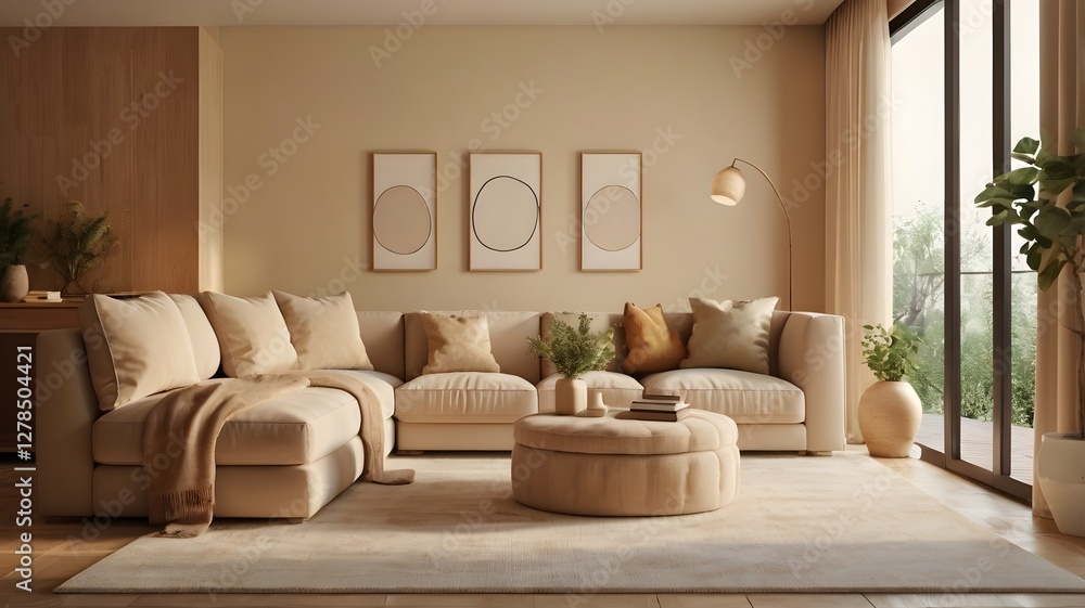 Fototapeta premium Living room exudes warmth and comfort with its soft beige tones, plush seating, and minimalist decor on cream color wall background- 3D rendering.