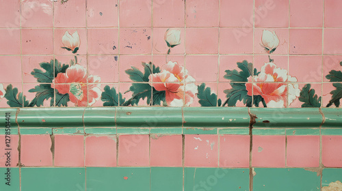 Floral patterned pink and green tiled wall design for interior decor