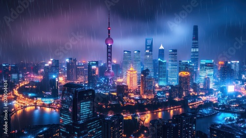 Wallpaper Mural Shanghai rain, city lights, storm, night Torontodigital.ca