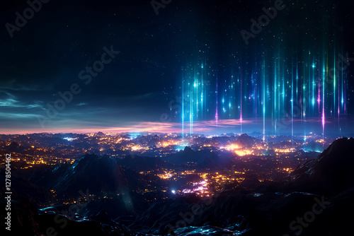 Quantum Eclipse in Dreamlike Landscape with Shimmering Lights and Dark Velvet Mountains Creating an Aura of Mystery and Energy