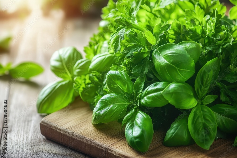 A bunch of parsley and basil are finely chopped on a wooden cutting board, releasing their fresh aroma. A bunch of parsley and basil are finely chopped on a wooden cutting board, releasing their fresh aroma.