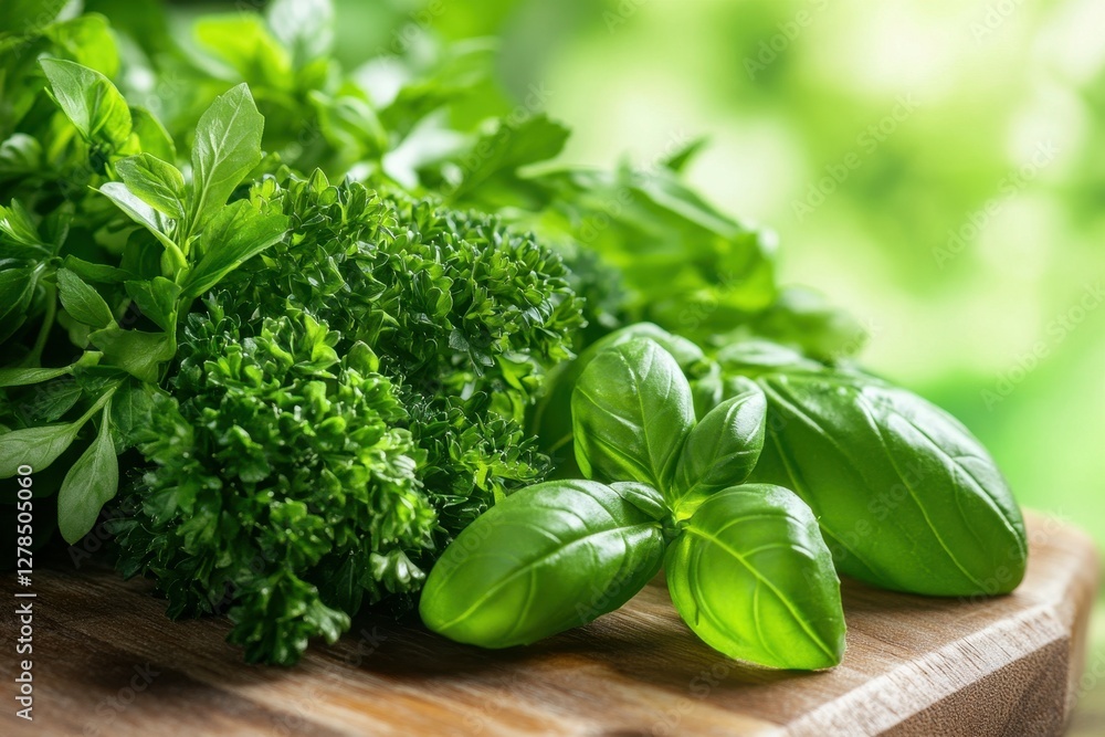 A bunch of parsley and basil are finely chopped on a wooden cutting board, releasing their fresh aroma. A bunch of parsley and basil are finely chopped on a wooden cutting board, releasing their fresh aroma.