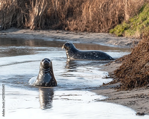 Seals in shallow water, marsh background.  Possible Stock Photo photo