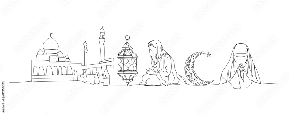 Obraz premium Set of Muslim house of prayer, square near the mosque, visitors, believers, architecture one line art. Continuous line drawing of online Muslims, Islam, traditions, clothing, folk, oriental.