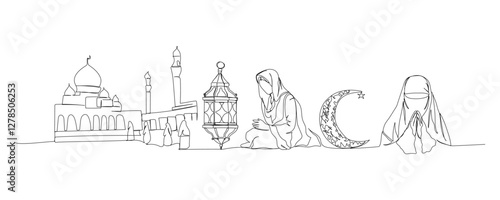 Set of Muslim house of prayer, square near the mosque, visitors, believers, architecture one line art. Continuous line drawing of online Muslims, Islam, traditions, clothing, folk, oriental.