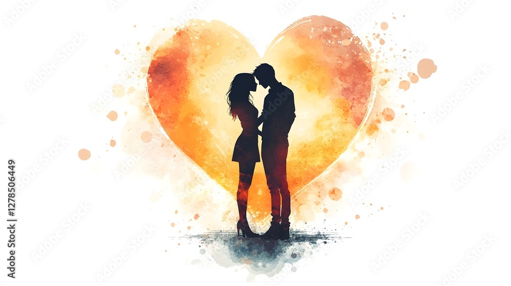 Fototapeta premium Silhouette of Romantic Couple Embracing in Front of Sunset Heart