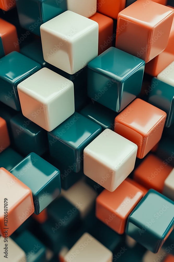 Contemporary background featuring 3D cubes in teal, salmon, and white for a trendy and dynamic backdrop Contemporary background featuring 3D cubes in teal, salmon, and white for a trendy and dynamic backdrop