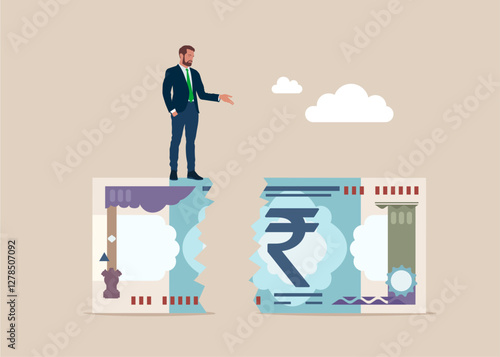 The rupee banknote is torn. Young businessman in heavy at financial chasm. Lose investment in financial crisis, profit and loss in business or deflation and inflation. Flat vector illustration