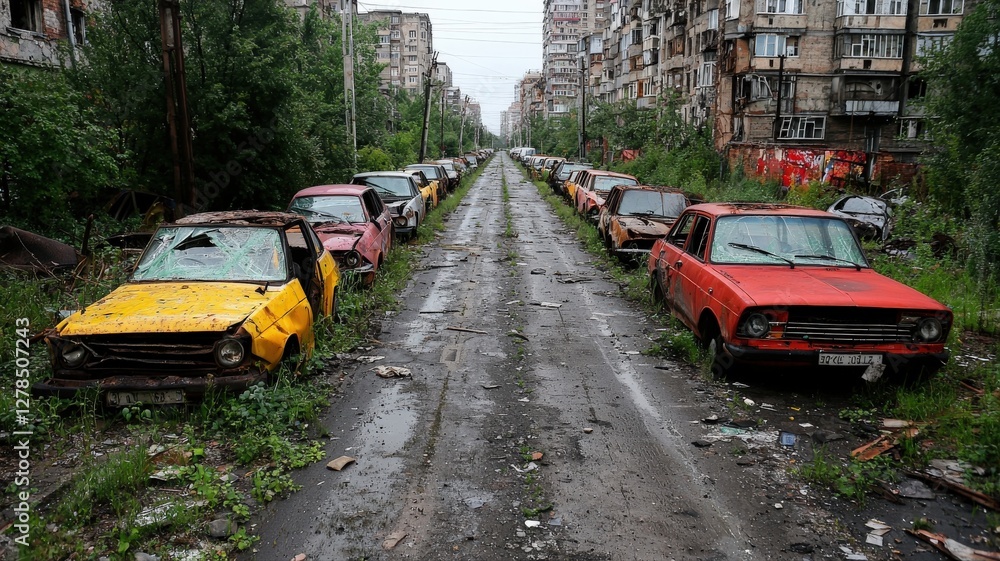 Fototapeta premium A street filled with abandoned vehicles, their windows smashed, overgrown weeds creeping through the asphalt