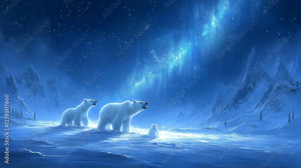 Obraz premium A magical night scene of polar bears under glowing blue aurora lights in an icy arctic landscape. 