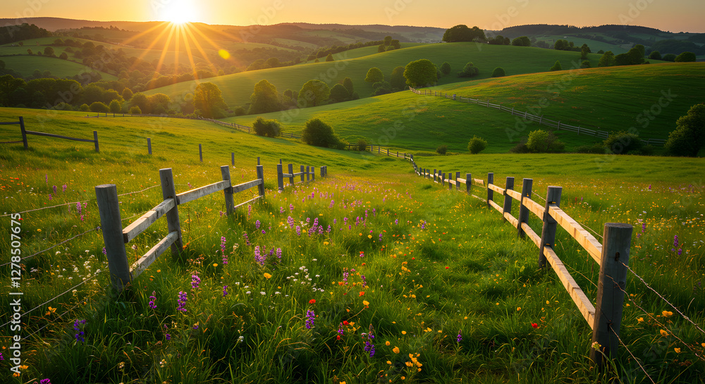Obraz premium Idyllic Countryside Landscape – Rolling Hills & Wildflower Meadows