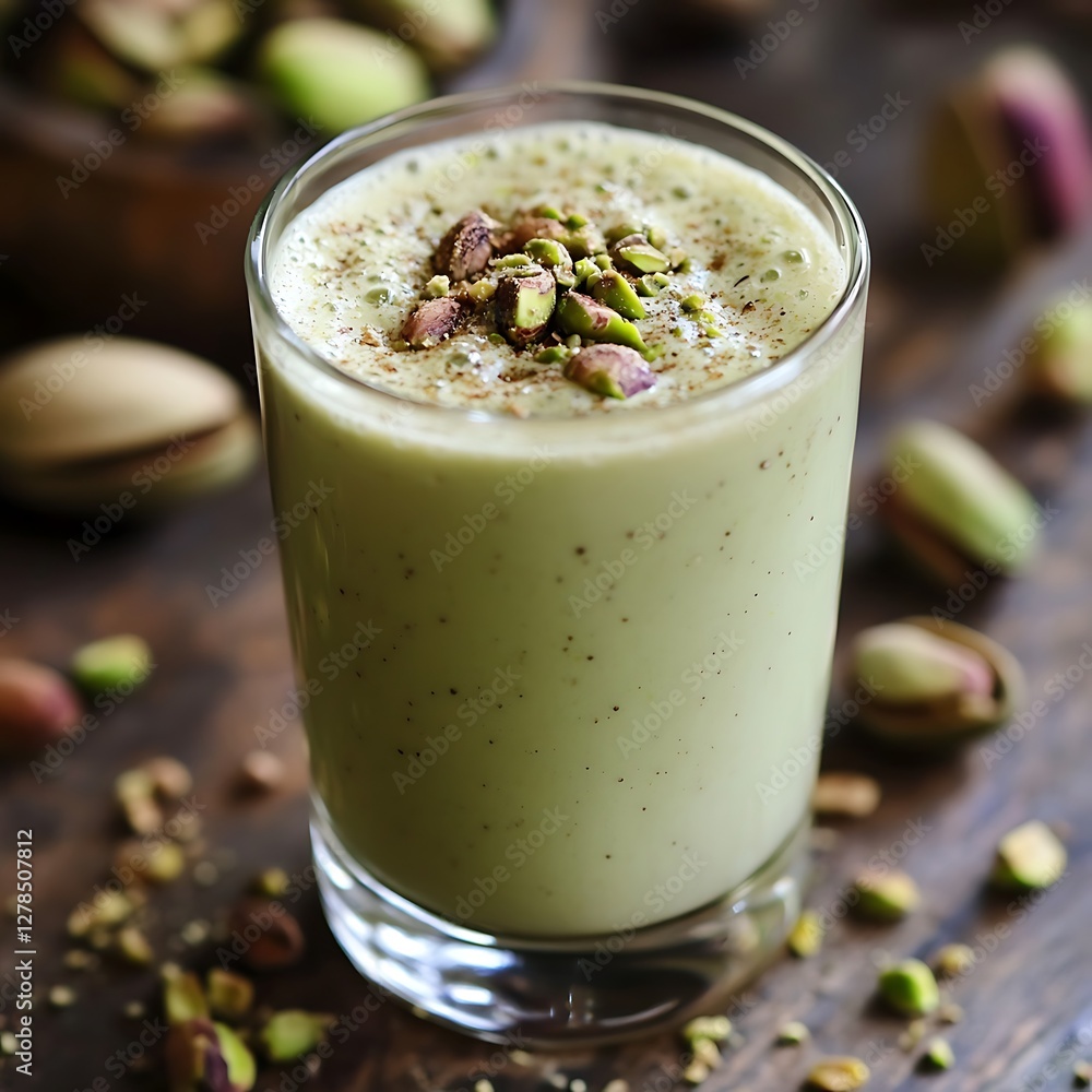 Refreshing Pistachio Smoothie in Glass on Wooden Table Refreshing Pistachio Smoothie in Glass on Wooden Table