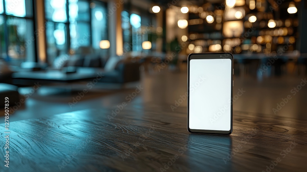 Showcasing modern technology sleek smartphone on wooden table in chic indoor setting Showcasing modern technology sleek smartphone on wooden table in chic indoor setting