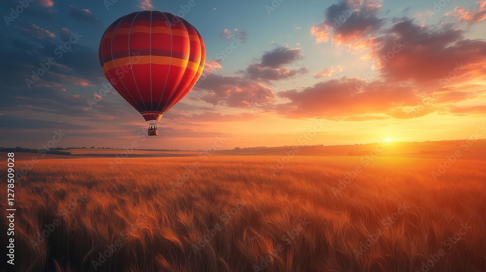 Obraz premium Hot air balloon over golden wheat field at sunset