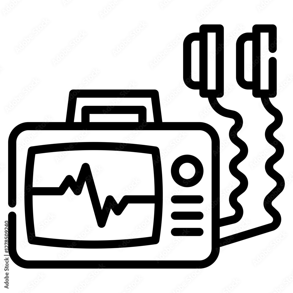 Defibrillator. This is a vector single icon with a dashed line style. It is suitable for any purpose, such as website design, mobile app design, logo design, etc. Defibrillator. This is a vector single icon with a dashed line style. It is suitable for any purpose, such as website design, mobile app design, logo design, etc.