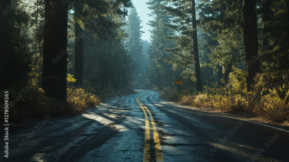Fototapeta premium Misty forest road, sunlit curve