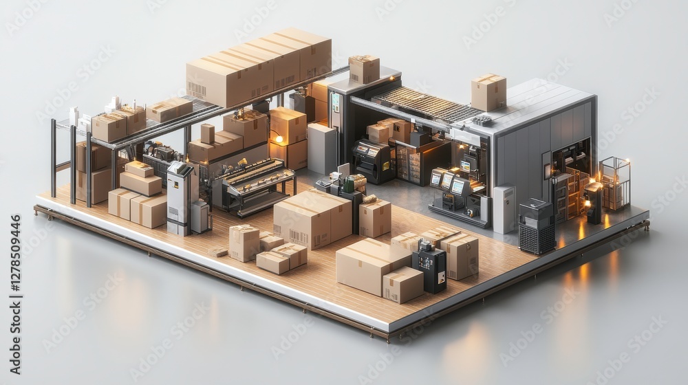 A detailed miniature model of a warehouse filled with stacked boxes, machinery, and various storage setups, highlighting an organized logistics environment. A detailed miniature model of a warehouse filled with stacked boxes, machinery, and various storage setups, highlighting an organized logistics environment.