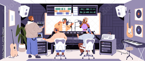 Music recording studio, production industry with sound engineer and singers in soundproof room, booth. Professionals with mixing desk, microphone, audio technology, equipment. Flat vector illustration