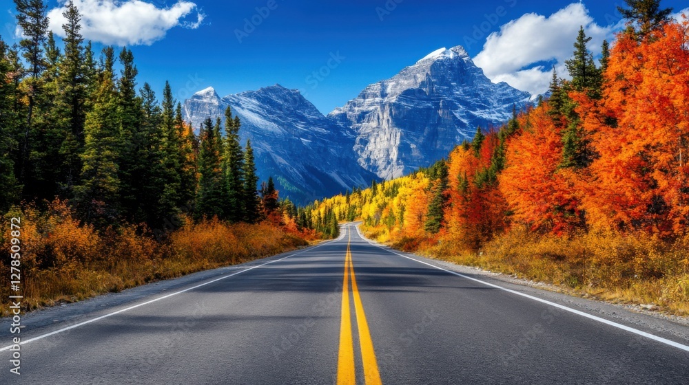 Canada Rocky Mountains road in fall, winding scenic drive through colorful foliage, breathtaking mountain views Canada Rocky Mountains road in fall, winding scenic drive through colorful foliage, breathtaking mountain views