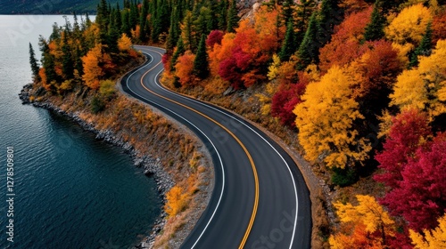 Canada Rocky Mountains road in fall, winding scenic drive, surrounded by breathtaking foliage, high-altitude autumn beauty