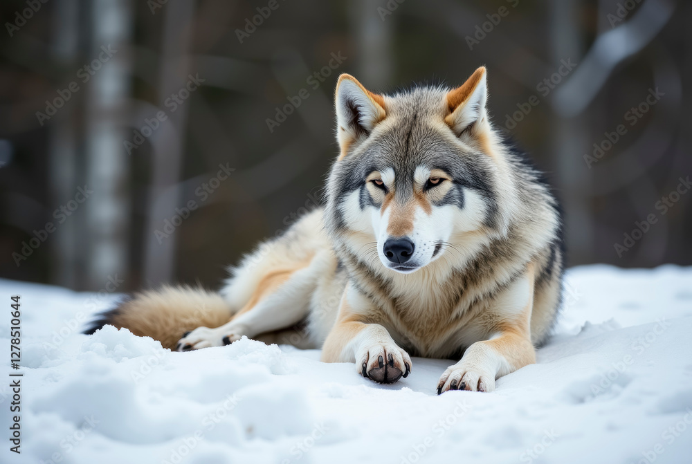 Naklejka premium A wolf with a stern expression rests in the snow.