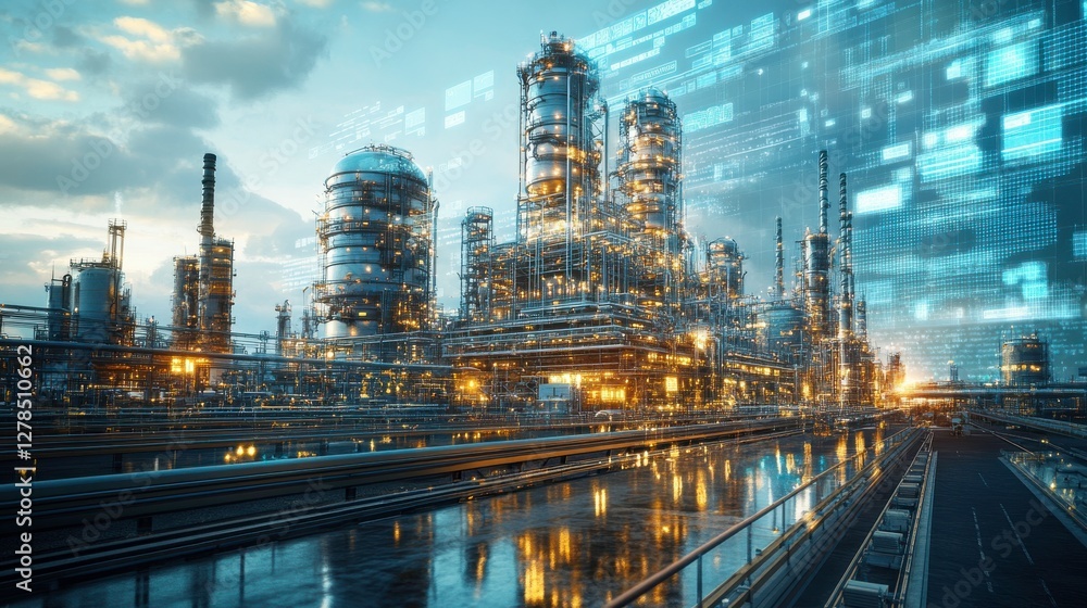 Fototapeta premium A futuristic industrial landscape showcasing illuminated refineries and data overlays, reflecting innovation in manufacturing and energy.