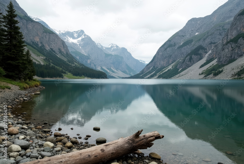 Tranquil mountain lake with rocky shore and tall evergreen trees Tranquil mountain lake with rocky shore and tall evergreen trees