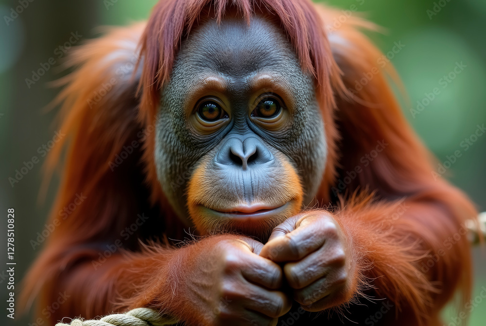 Contemplative juvenile orangutan in naturalistic enclosure Contemplative juvenile orangutan in naturalistic enclosure