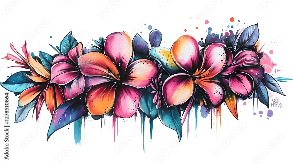 Obraz premium Vibrant Floral Botanical Watercolor Painting with Dripping Effects