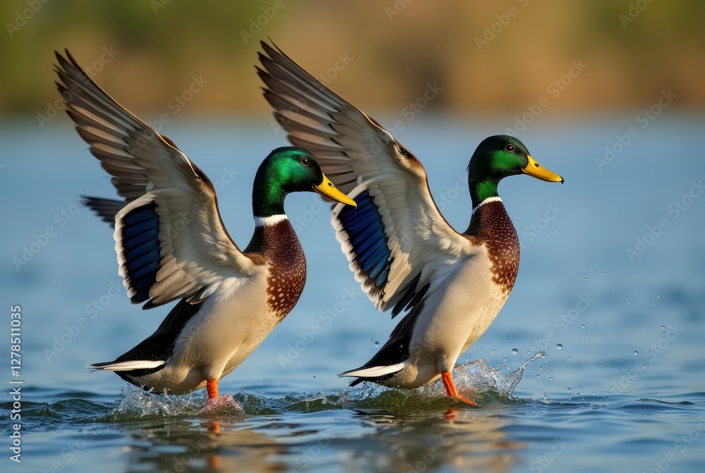 Two mallard ducks landing on water with wings spread; one male and one female; clear water, sunny day; wildlife, nature, birds, duckling, waterfowl, plumage, flight, landing, action, outdoor Two mallard ducks landing on water with wings spread; one male and one female; clear water, sunny day; wildlife, nature, birds, duckling, waterfowl, plumage, flight, landing, action, outdoor