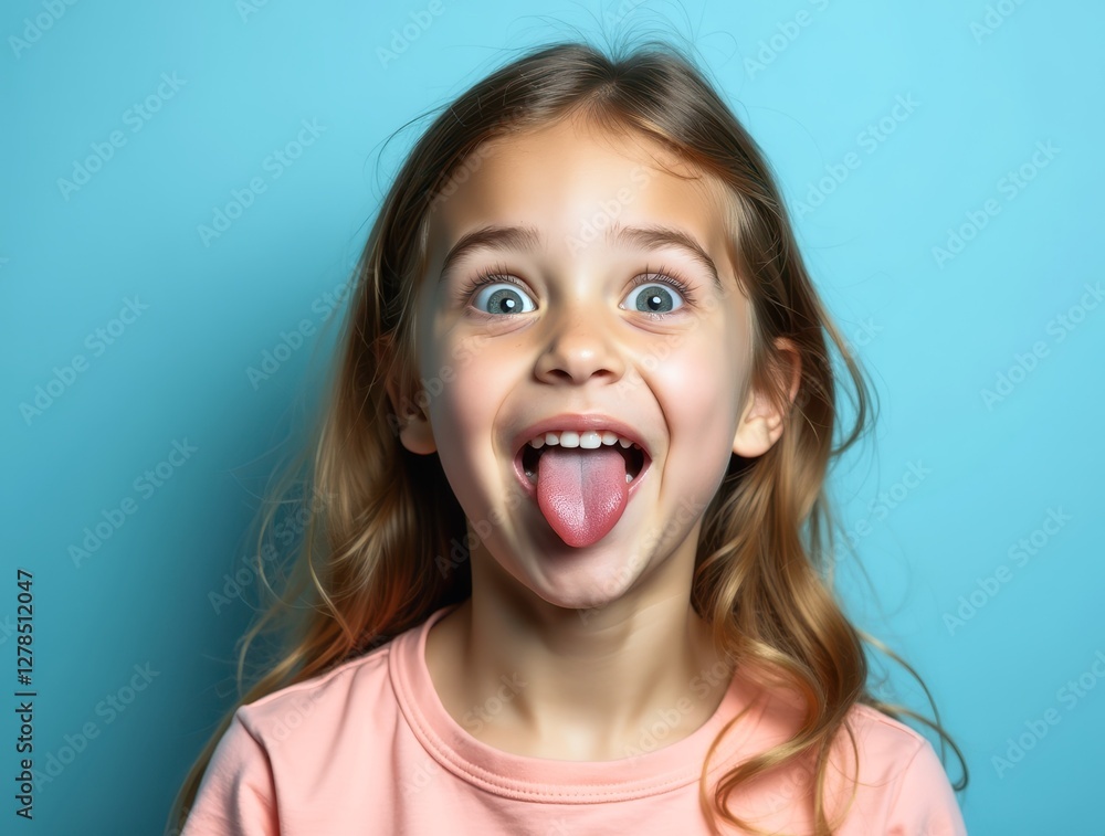 Little Girl Showing Tongue and Making Funny Face on Blue Background Little Girl Showing Tongue and Making Funny Face on Blue Background