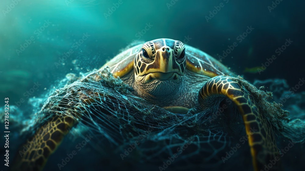 Fototapeta premium Sea turtle trapped, ocean debris, conservation
