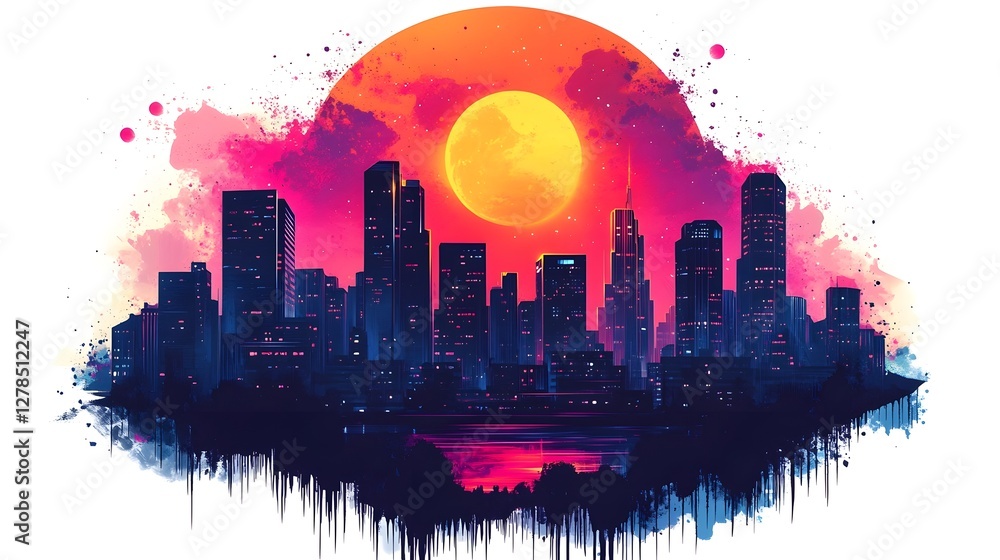 Fototapeta premium Vibrant Digital Cityscape with Dramatic Sunset and Moody Skyline