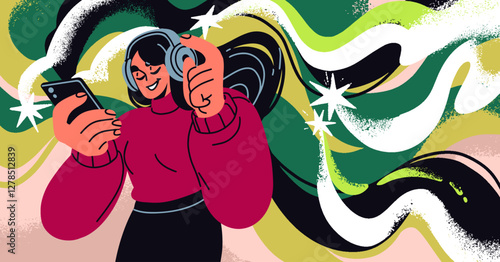 Happy woman listening to music in headphones. Smiling girl, female character enjoying favorite melody, new audio track, sound waves, song on mobile phone app, smartphone. Flat vector illustration
