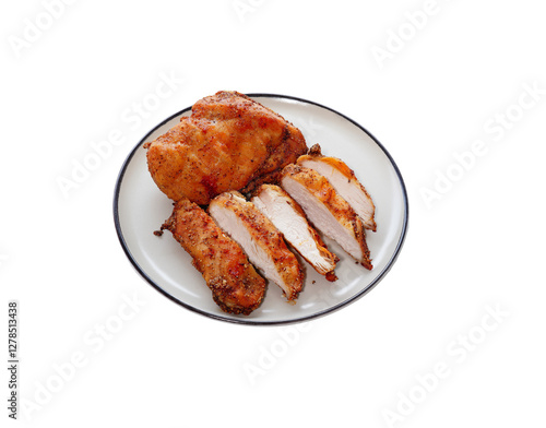 Grilled chicken breast slices in a die-cut plate, translucent background