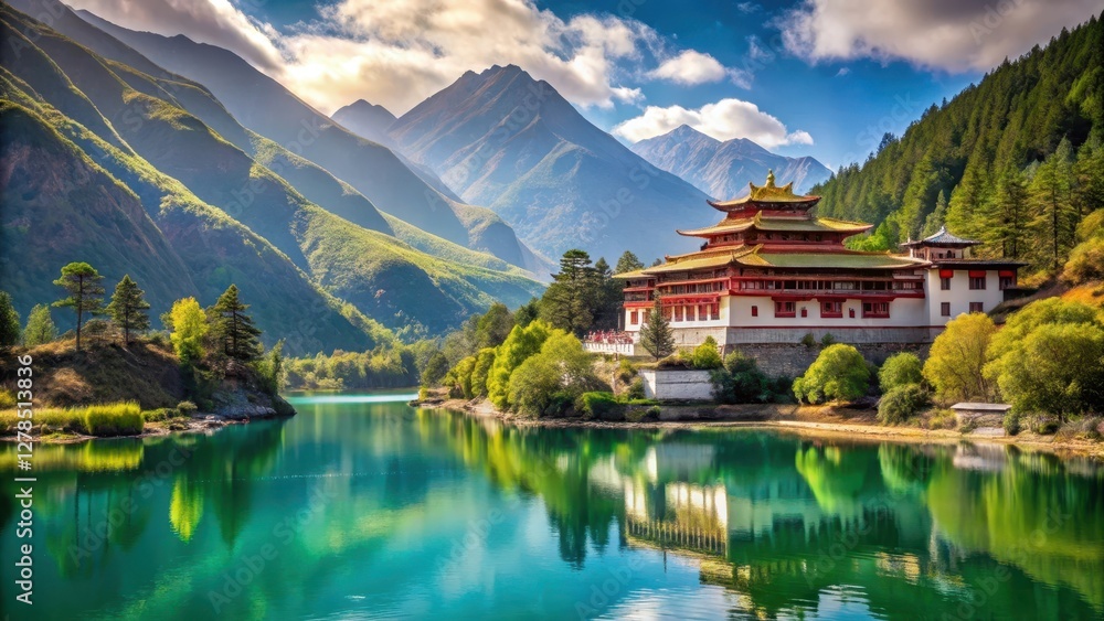 Fototapeta premium Serene Tibetan monastery amidst majestic Himalayan peaks