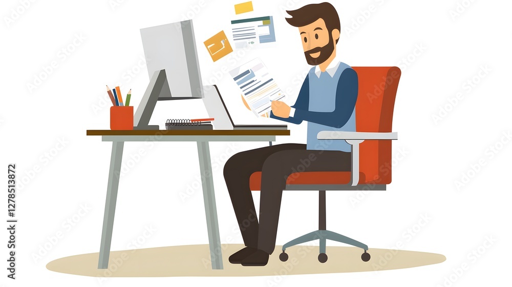 A male employee is sitting at his desk and working on the computer, while another female worker stands next to him
A male employee is sitting at his desk and working on the computer, while another female worker stands next to him
