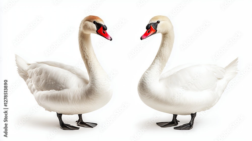 Obraz premium Elegant Pair of White Swans Facing Each Other on a Pure White Background A Symbol of Grace and Love in Nature